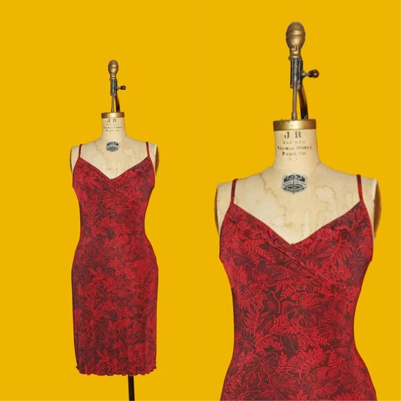 NWT. Y2K FINESSE U.S.A. MONSTERA Print Glitter Dress W/Lettuce Trim & Hem. S-M - Picture 1 of 10